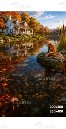 Tło fotograficzne „Jesienny domek nad jeziorem z liskiem” | J_273